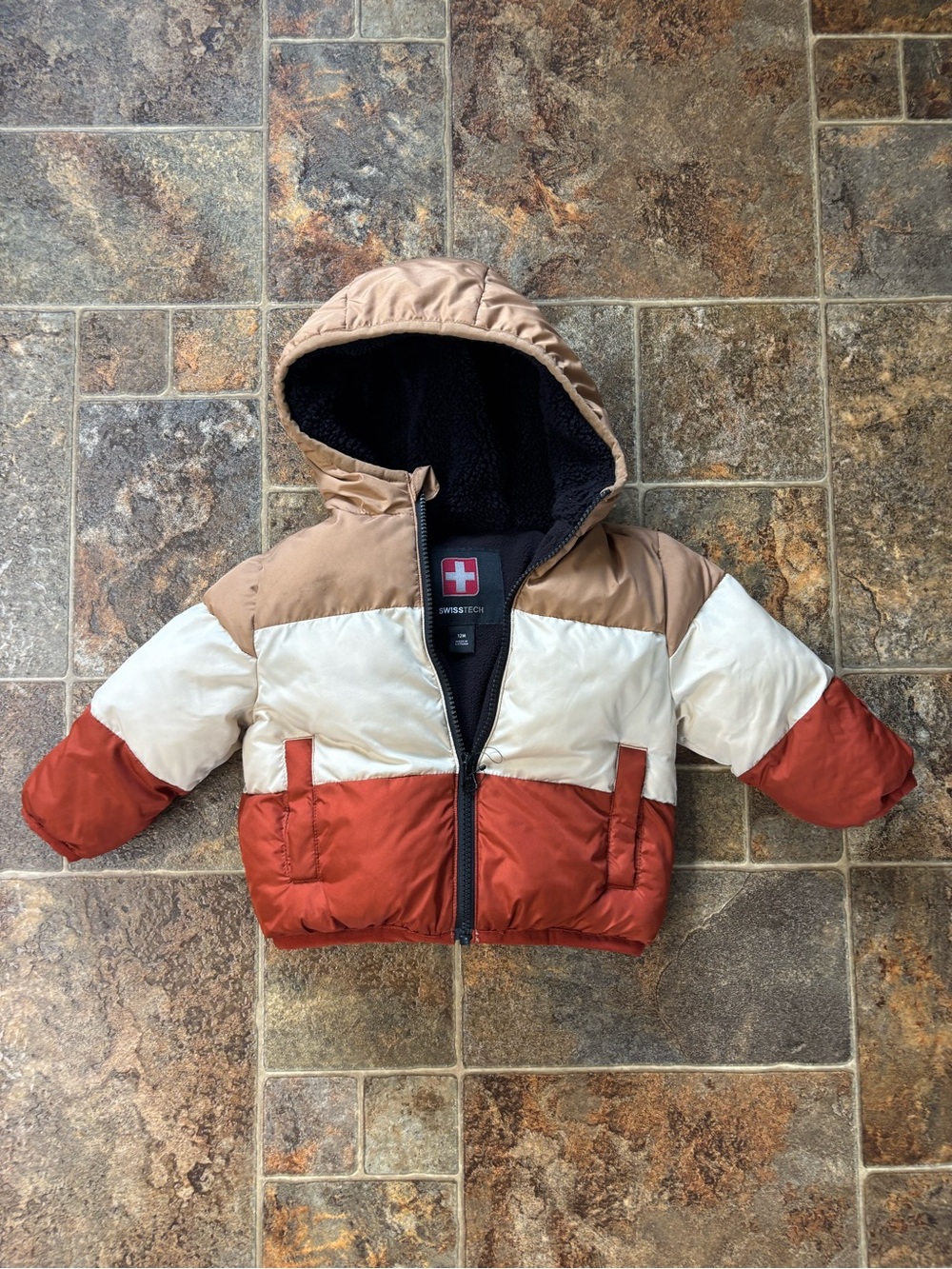 Swiss Tech Kids Colorblock Puffer Jacket - Tan, Cream & Rust